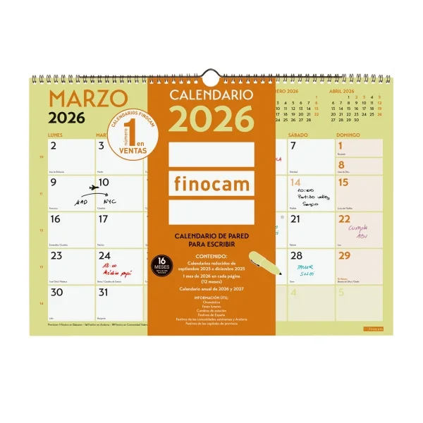Finocam Grafik Calendario de Pared - Anual 2026 - 420x10x300mm - Espacio para Escribir - Color Surtidos