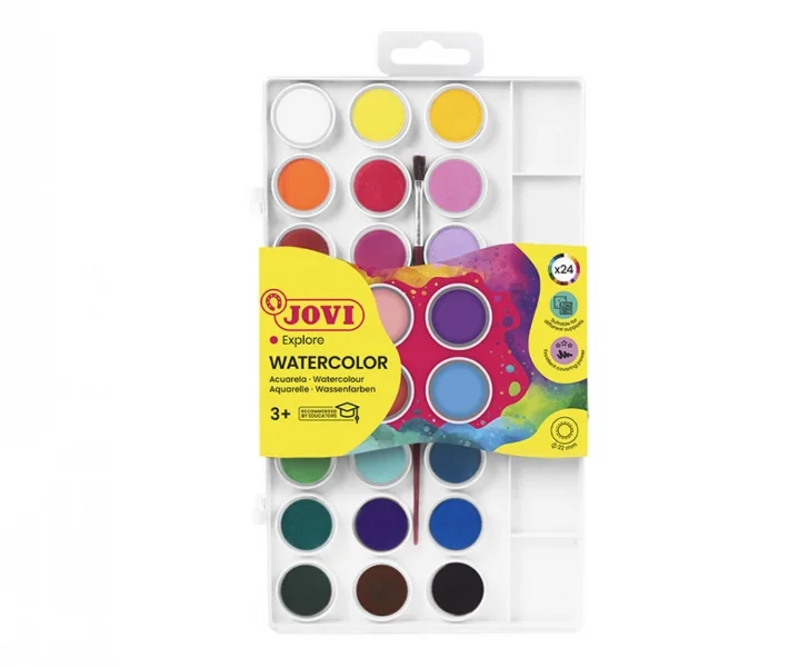 Jovi Pack de 24 Acuarelas en Pastilla 22mm + Pincel - Brillantes - Facilmente Mezclables - Colores Surtidos