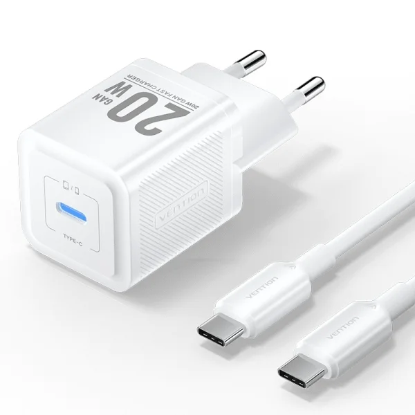 Vention Cargador de Pared GaN USB-C 20W - Cable USB-C 1m - Color Blanco