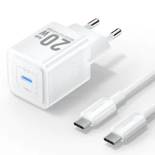 Vention Cargador de Pared GaN USB-C 20W - Cable USB-C 1m - Color Blanco