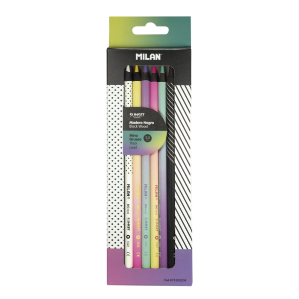 Milan Sunset Pack de 6 Lapices de Colores - Madera Negra - Mina Gruesa - Redondos - Colores Surtidos
