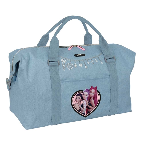 Safta K-Pop Demon Hunters Huntr/X Bolsa de Fin de Semana - Bandolera Ajustable - Bolsillo Frontal - Cremallera Bidireccional - Asas de Mano - 50x29x22cm - Color Azul Claro