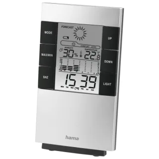 Hama Medidor de Temperatura y Humedad para Interior - Pantalla Digital - Reloj - Alarma - Prevision Meteorologica - Memoria de Datos - Permite Colgar en Pared - 8x1.8x13.4cm - Color Negro y