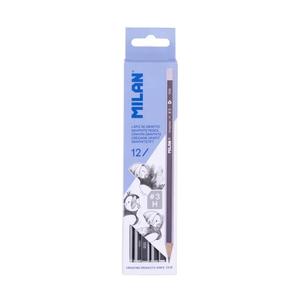 Milan Pack de 12 Lapices de Grafito Triangulares - Mina H #3 de 2mm - Resistente a la Rotura - Para Escritura y Dibujo