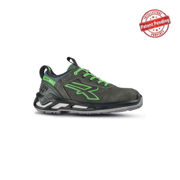 Upower Naos S ESD Calzado de Seguridad Bajos - Talla 35 - Piel Nobuck Hidrorepelente, Puntera de Aluminio, Antideslizante, Escudo Anti-Impactos, Proteccion S3S CI FO SR - Color Gris Oscuro/Verde