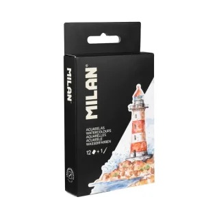 Milan Art Estuche Metalico de 12 Acuarelas + Pincel de Agua + Esponja Limpiadora + Paleta para mezclar - Formato de Viaje - Colores Surtidos