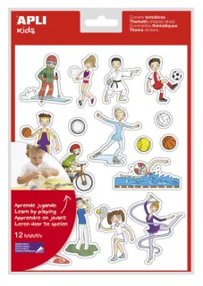 Apli Bolsa de Gomets Tematicos Deportes - 204 Gomets en 12 Hojas - Ilustraciones Divertidas para Enriquecer Vocabulario y Habilidades Motoras - Adhesivo Removible - Adhesivo Base Agua - Libr