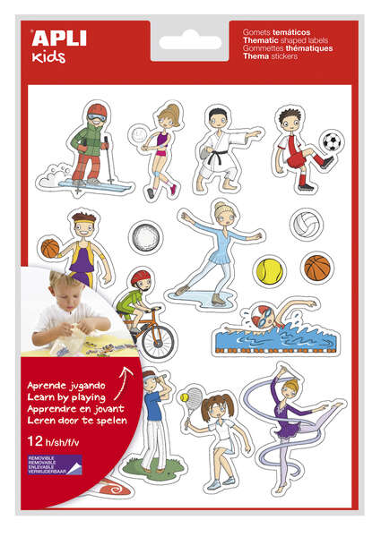 Apli Bolsa de Gomets Tematicos Deportes - 204 Gomets en 12 Hojas - Ilustraciones Divertidas para Enriquecer Vocabulario y Habilidades Motoras - Adhesivo Removible - Adhesivo Base Agua - Libr