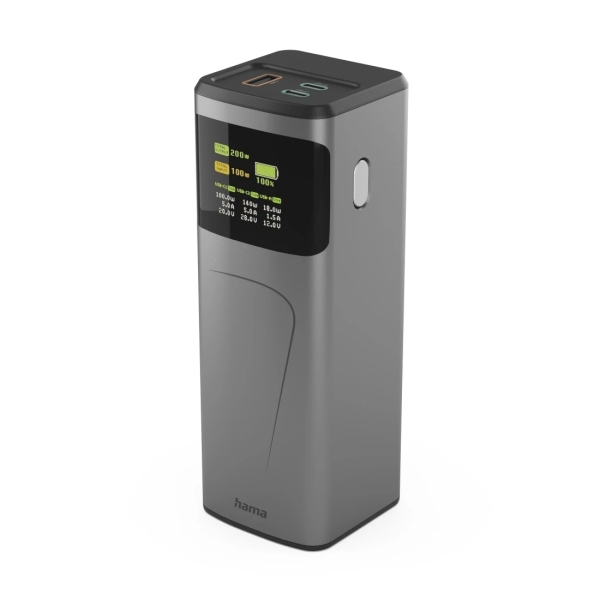 Hama High Power Bateria Externa Powerbank 24000mAh - Potencia 200W - USB-C - USB-A - Power Delivery - Pantalla TFT - Indicador de Carga - 3 Conexiones de Salida - 56.27x160x56.27mm - Color G