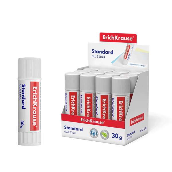 Erichkrause Standard Pegamento en Barra 30gr - Pegado Rapido y Confiable - Facil de Aclarar con Agua - Sin Disolventes - Apto para Papel, Carton y Fotografias - Color Blanco · Pack de 12 uds.