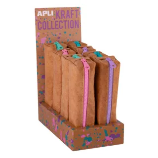 Apli Kraft Collection - Expositor Compacto de 8 Estuches - Estuches de 50x50x210mm - Textura Kraft y Cremallera de Colores Pastel - Flexibles y Resistentes - Cremallera Esmaltada y Resistent