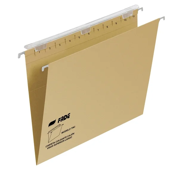 Fade Tiki Carpeta Colgante - Formato A4 - Lomo en V - Visor con Efecto Lupa - Varilla Metalica - Cartulina de 220g - Certificado Ecologico Blue Angel - Color Marron · Pack de 25 uds.