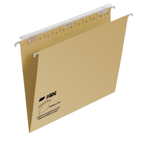 Fade Tiki Carpeta Colgante - Formato A4 - Lomo en V - Visor con Efecto Lupa - Varilla Metalica - Cartulina de 220g - Certificado Ecologico Blue Angel - Color Marron · Pack de 25 uds.