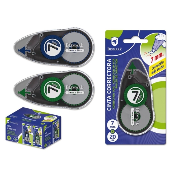 Bismark Cinta Correctora 7mmx20m - Perfecta Adherencia al Papel - Presentacion en Blister Individual - Colores Surtidos Aleatorios · Pack de 24 uds.