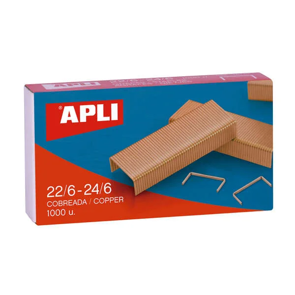 Apli Grapas de Cobre Galvanizadas 22/6 - 24/6 - Capacidad de 30 Hojas - Material Duradero y Resistente - Extremos Afilados para Un Grapado Preciso · Pack de 10 uds.