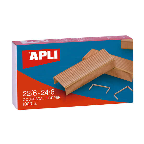 Apli Grapas de Cobre Galvanizadas 22/6 - 24/6 - Capacidad de 30 Hojas - Material Duradero y Resistente - Extremos Afilados para Un Grapado Preciso · Pack de 10 uds.