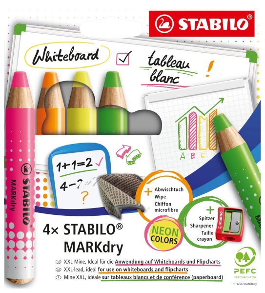 Stabilo MARKdry Neon Pack de 4 Marcadores para Pizarra + Sacapuntas + Paño de Limpieza - Mina XXL de 10mm - Madera 100% Certificada PRFC - Colores Neon Surtidos