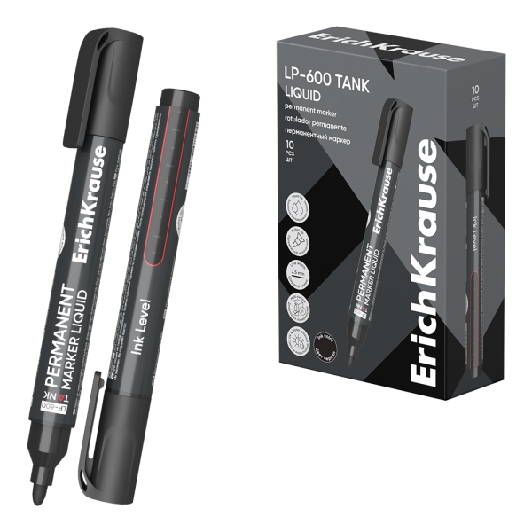 ErichKrause Liquid LP-600 Rotulador Permanente - Ventana Transparente - Punta Conica - Trazo de 2.5mm - Resistente al Agua y a la Luz - Multisuperficie - Tinta a Base de Alcohol - Color Negr