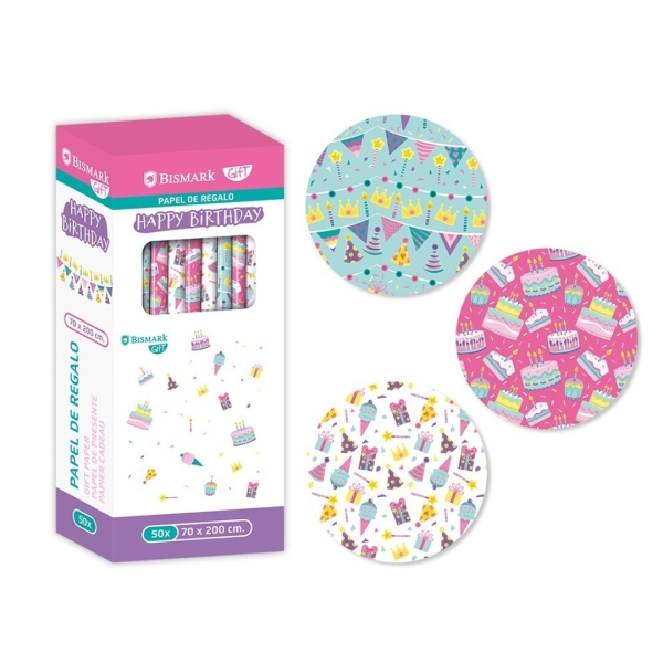Bismark Happy Birthday Rollo de Papel Regalo - Medidas 70cmx200cm - 3 Diseños Diferentes · Pack de 50 uds.