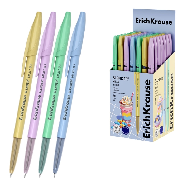 ErichKrause Stick Cheat Milky Boligrafo con Capuchon - Modelos Surtidos - Trazo 0.26mm - Tinta de Baja Viscosidad - Tapa Ventilada - Color Azul · Pack de 50 uds.