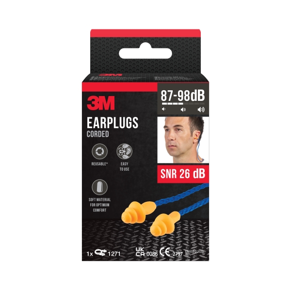 3M Tapones para Oidos con Cordon - Forma de Tres Anillos - Reutilizables - Lavables - SNR 26dB - Color Naranja
