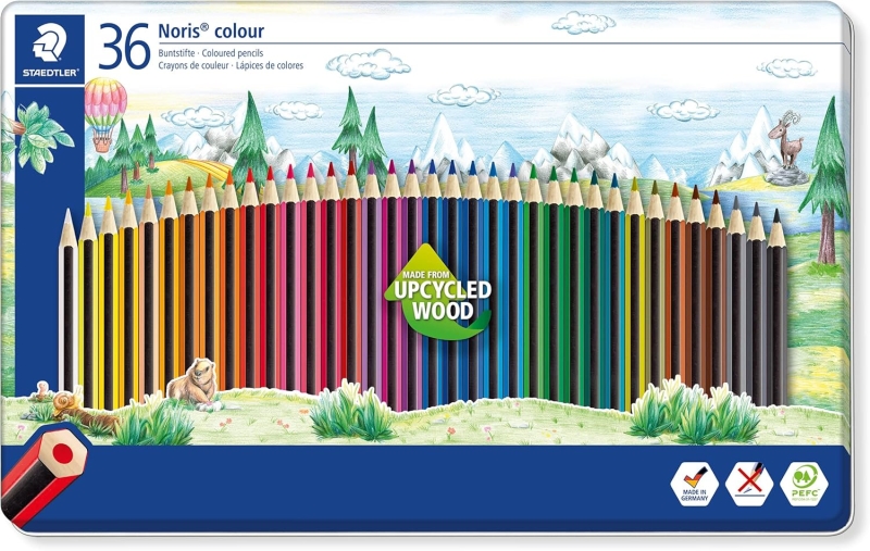 Staedtler Noris Colour 185 Caja Metalica con 36 Lapices Hexagonales de Colores - Fabricados en Wopex - Muy Resistentes - Madera de Fuentes Sostenibles - Colores Surtidos