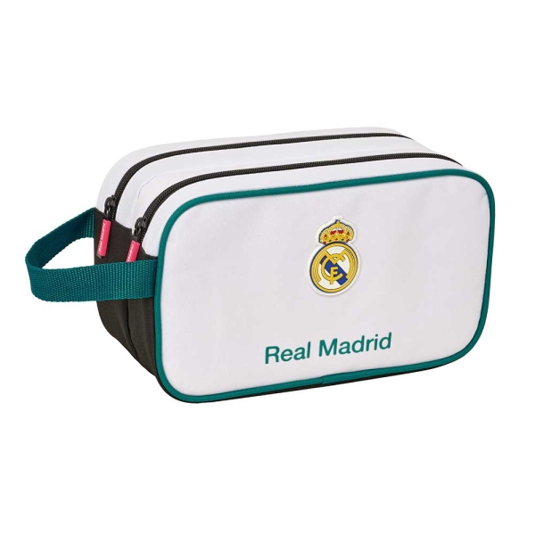 Safta Real Madrid Equipacion 26/27 Neceser - 2 Compartimentos con Cremallera - Adaptable a Carro - Asa de Mano Lateral - 26x15x12.5cm - Color Blanco y Negro