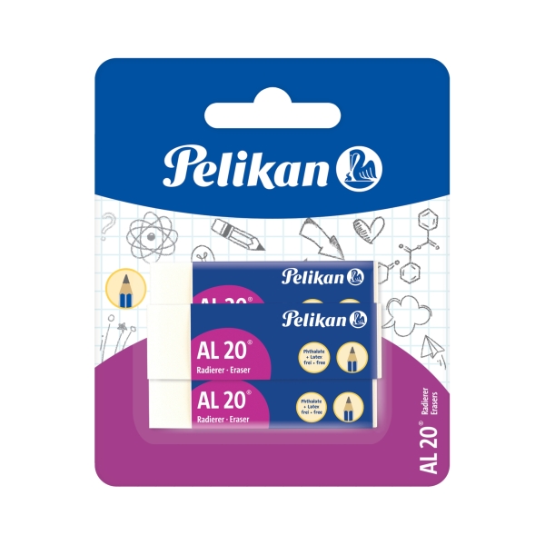 Pelikan AL20 Pack de 3 Gomas de Borrar - Vinilo - Presentado en Blister - sin Latex - Color Blanco