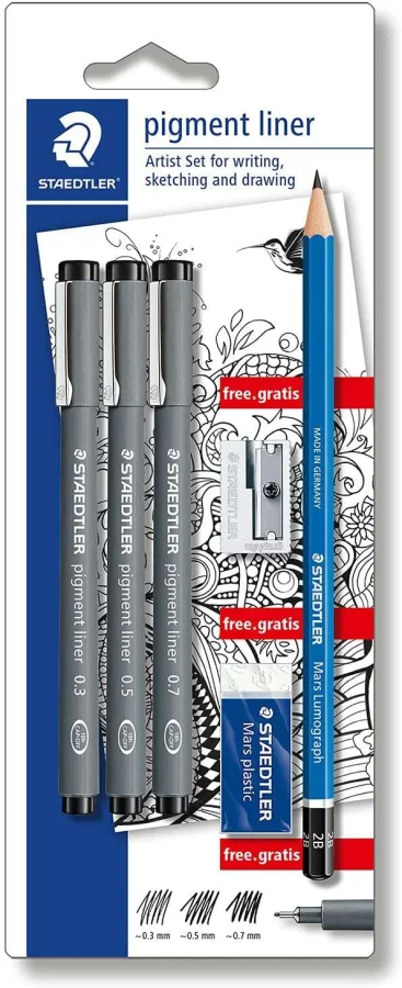 Staedtler Pigment Liner 308 Pack de 3 Rotuladores Calibrados Negros, Trazos Surtidos + 1 Goma de Borrar + 1 Sacapuntas + 1 Lapiz 2B - Color Negro