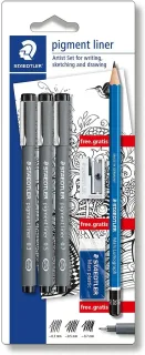 Staedtler Pigment Liner 308 Pack de 3 Rotuladores Calibrados Negros, Trazos Surtidos + 1 Goma de Borrar + 1 Sacapuntas + 1 Lapiz 2B - Color Negro