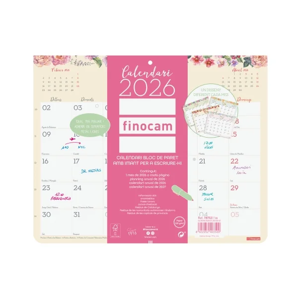 Finocam Design Calendario Imantado en Catalan - Anual 2026 - Bloc Encolado - 250x6x200mm - Espacio para Escribir - Color Surtidos