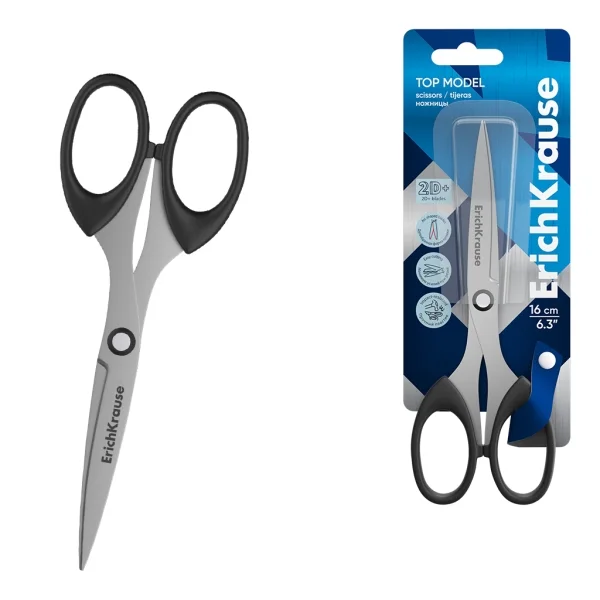 ErichKrause Top Model Tijeras de 16cm - Cuchillas en Forma de Arco - Mangos de Plastico Resistente a Golpes - Afilado Doble - Acero Inoxidable - Ergonomicas - Color Negro
