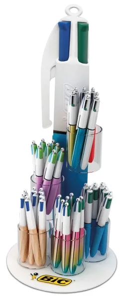 Bic 4 Colours Expositor de 60 Boligrafos de Bola Retractiles + 100 Boligrafos Bic Cristal Azul de Regalo - Punta Media de 1.0mm - Tinta con Base de Aceite - 4 Colores - Diseños Surtidos