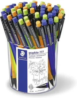 Staedtler Graphite 777 Expositor con 50 Portaminas 0.7mm - Cuerpo Engomado - Goma de Borrar - Colores Surtidos