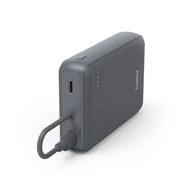 Hama Travel Bateria Externa Powerbank 10000mAh - Polimero de Litio - USB-C - Cable Integrado - Carga Rapida - 2 Conexiones de Salida - 23.5x90x63.2mm - Color Gris