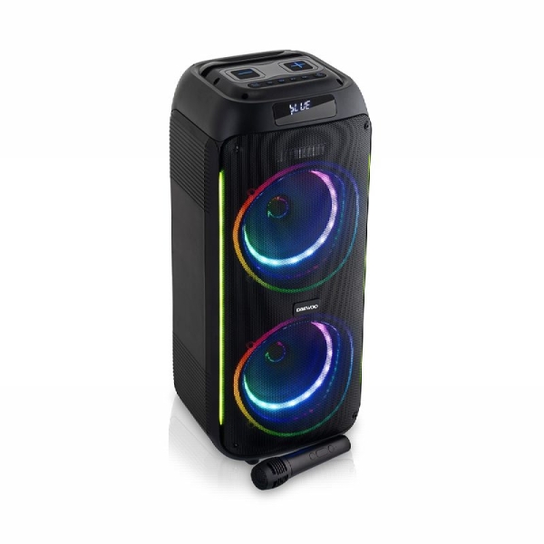 Daewoo Altavoz Karaoke Inalambrico - 40W - Bluetooth - Radio FM - Bateria 2000mAh - Microfono Incluido - MicroSD - Jack 3.5mm - USB - Luz LED RGB - Recargable - Color Negro
