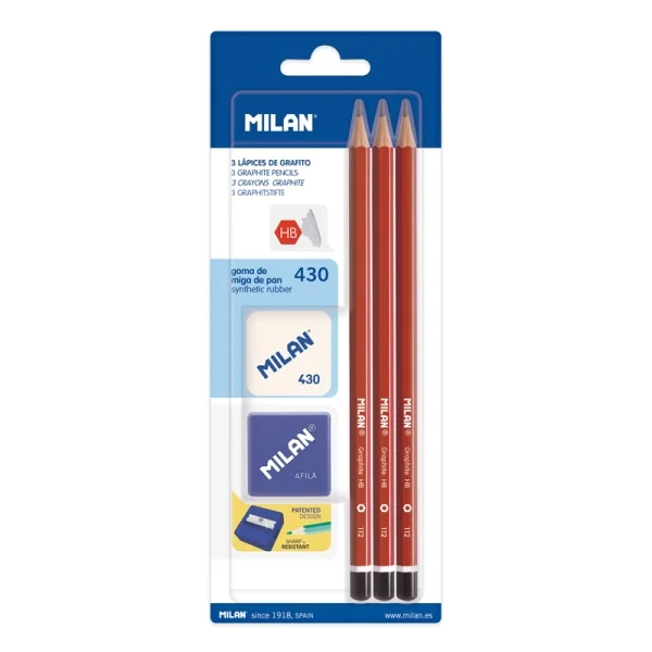 Milan Pack de 3 Lapices HB + Sacapuntas + Goma de Borrar 430 - Hexagonales - Color Rojo