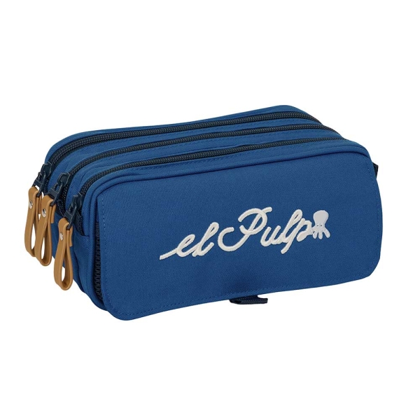 Safta el Pulpo Portatodo - 3 Compartimentos con Cremallera - Cinta Trasera Adaptable - Bolsillo Frontal de Rejilla con Velcro - 21.5x10x8cm - Color Azul Marino