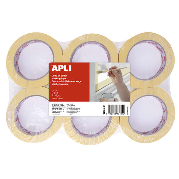 Apli Cinta Pintor 25mm x 45m - Adhesivo de Alta Resistencia - Facil de Cortar - Ideal para Pintura y Decoracion · Pack de 6 uds.