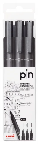 Uni-ball Uni Pin Pack de 3 Rotuladores Calibrados 0.1, 0.3, 0.5 - Punta Poliacetal - Tinta Pigmentada Resistente al Agua y Luz - Ideal para Dibujo Profesional y Escritura - Color Negro