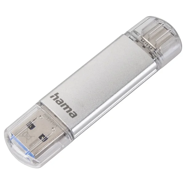 Hama Laeta Memoria Pendrive USB 3.0 con Tapa - 256GB de Capacidad - 70Mb/s de Transferencia - Funcion OTG - USB-C - USB-A - Cuerpo Metalico - Color Plata