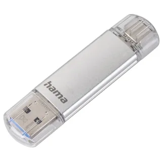 Hama Laeta Memoria Pendrive USB 3.0 con Tapa - 256GB de Capacidad - 70Mb/s de Transferencia - Funcion OTG - USB-C - USB-A - Cuerpo Metalico - Color Plata