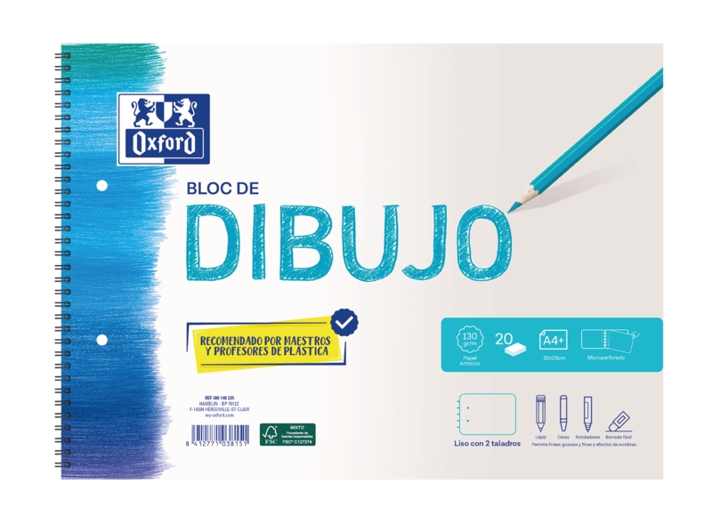 Oxford Dibujo Escolar Bloc Espiral A4+ - Tapa Blanda/Contratapa Rigida - 20 Hojas 130gr Liso - 2 Taladros · Pack de 5 uds.