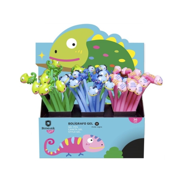 Bismark Animals Camaleon Boligrafo Tacto Soft con Divertidos Camaleones - Punta Fina - Tinta Gel Color Negro - 3 Diseños Diferentes · Pack de 36 uds.