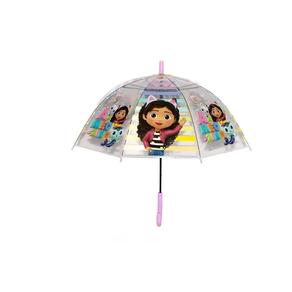 Safta Gabby's Dollhouse Party Paraguas Automatico de 76cm - 8 Paneles - Asa y Punta de PVC - POE Transparente - Nervios de Acero de 8mm - Color Transparente
