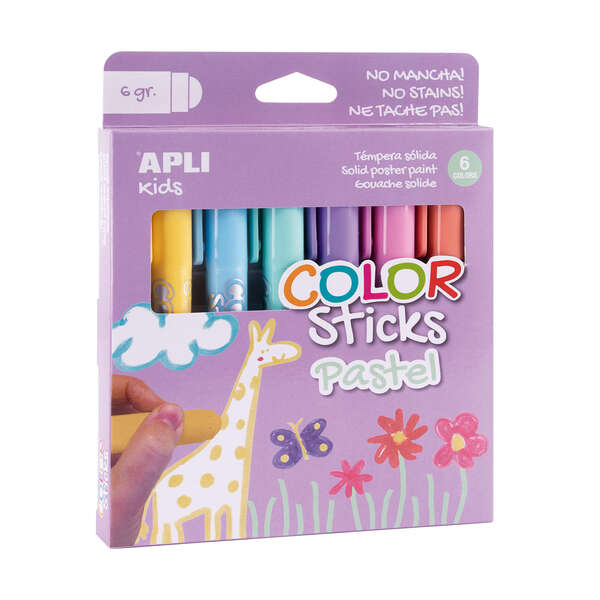 Apli Color Sticks Pack con 6 Temperas Solidas de 6g en Colores Pastel - Acabado Satinado - Secado Rapido - Efecto Cera o Tempera Segun la Presion Ejercida