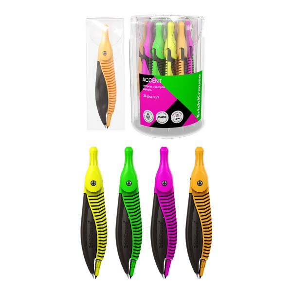 ErichKrause Accent Compas Escolar - Cuerpo de Plastico - Estuche de PVC - 122mm de Longitud - Radio Maximo de 150mm - Colores Surtidos · Pack de 24 uds.