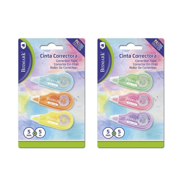 Bismark Mini Pastel Pack de 3 Cintas Correctoras 5mmx5m - Perfecta Adherencia al Papel - Presentacion en Blister - Cuerpo de Colores Pastel Surtidos · Pack de 12 uds.