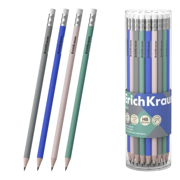 ErichKrause Navy Lapiz de Grafito con Goma de Borrar - Mina HB - Cuerpo Redondo - Colores Surtidos · Pack de 42 uds.