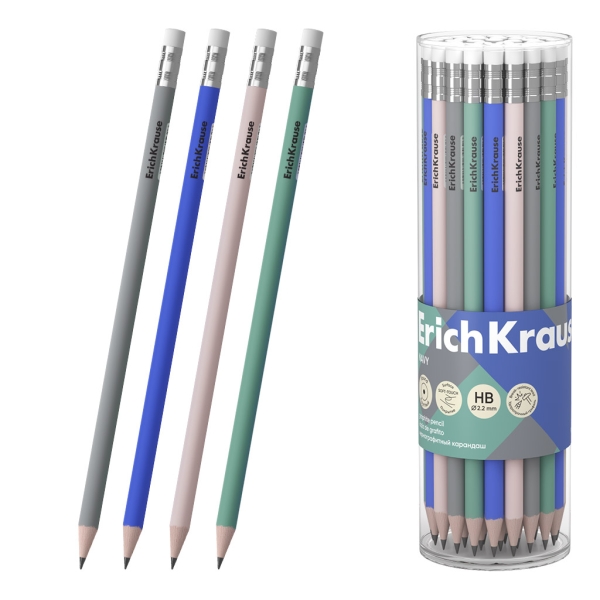 ErichKrause Navy Lapiz de Grafito con Goma de Borrar - Mina HB - Cuerpo Redondo - Colores Surtidos · Pack de 42 uds.